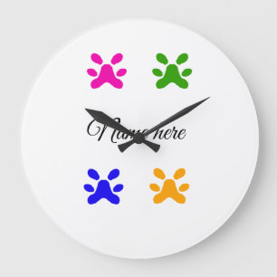 Dog paw colourful pet add name text animal paw large clock