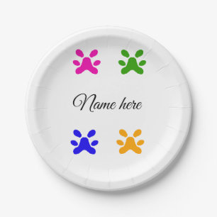 Dog paw colourful pet add name text animal paw paper plate