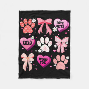 Dog Paw Coquette Bow Heart Valentine Day Dog Lover Fleece Blanket