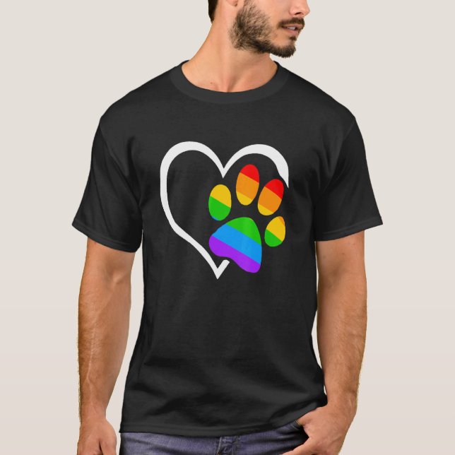 Dog Paw Heart Lgbt Rainbow Flag Ally Gay Pride Mon T-Shirt (Front)
