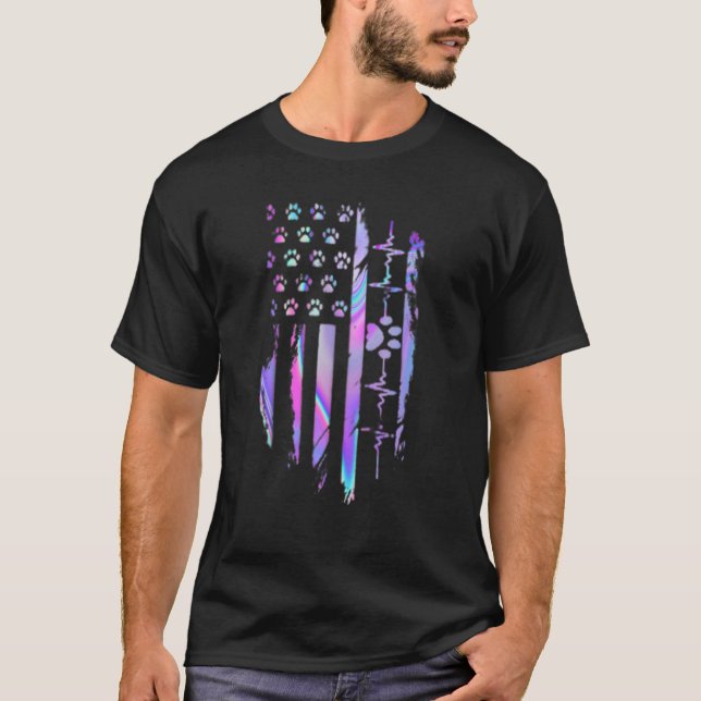 Dog Paw Heartbeat American Flag Hologram T-Shirt (Front)