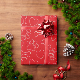 Dog Paw Hearts And Bones Pattern Custom Red Wrapping Paper