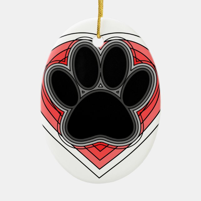 Dog Paw In Red Heart With Outlines Ceramic Tree Decoration (Front)