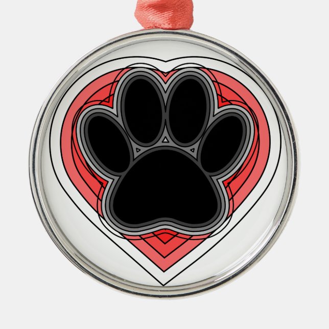 Dog Paw In Red Heart With Outlines Metal Tree Decoration (Front)
