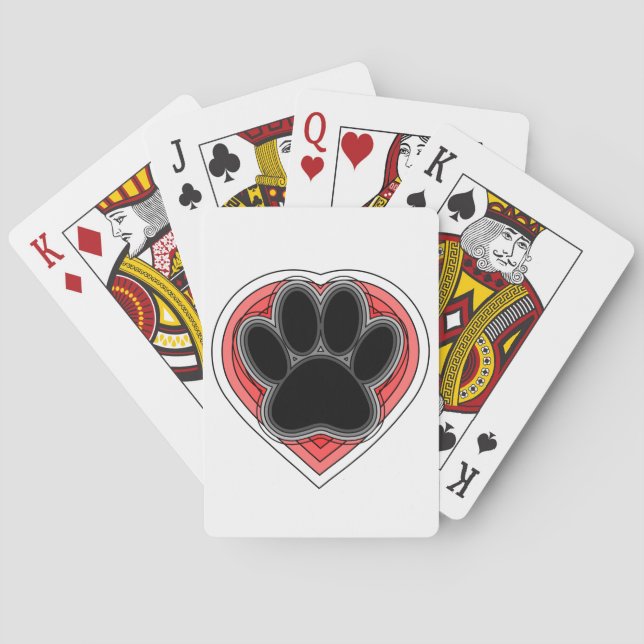 Dog Paw In Red Heart With Outlines Playing Cards (Back)