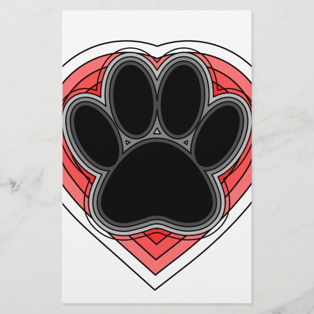 Dog Paw In Red Heart With Outlines Stationery (Front)
