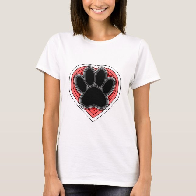 Dog Paw In Red Heart With Outlines T-Shirt (Front)