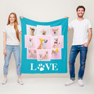 Dog Paw LOVE Personalised 9 Photo Collage Fleece Blanket