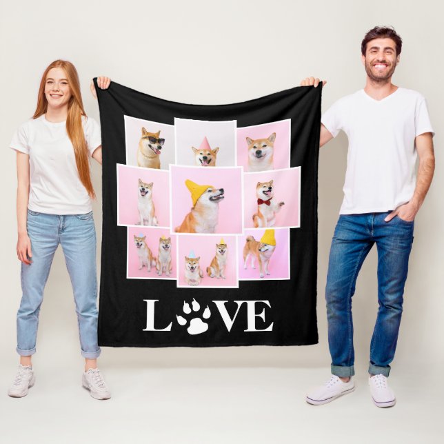 Dog Paw LOVE Personalised 9 Photo Collage Fleece Blanket (In Situ)