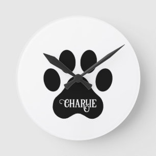 Dog Paw Name Silhouette Design Round Clock