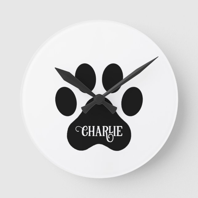 Dog Paw Name Silhouette Design Round Clock (Front)