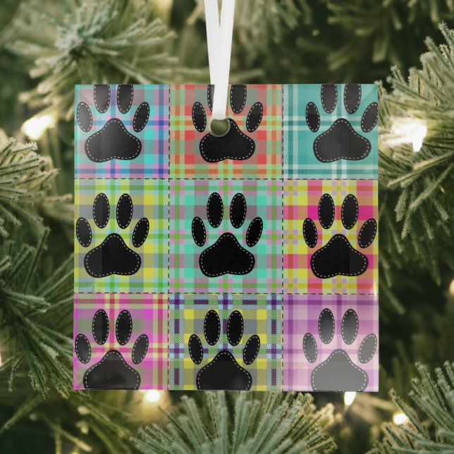 Dog Paw Pattern Quilt Glass Ornament (Insitu)
