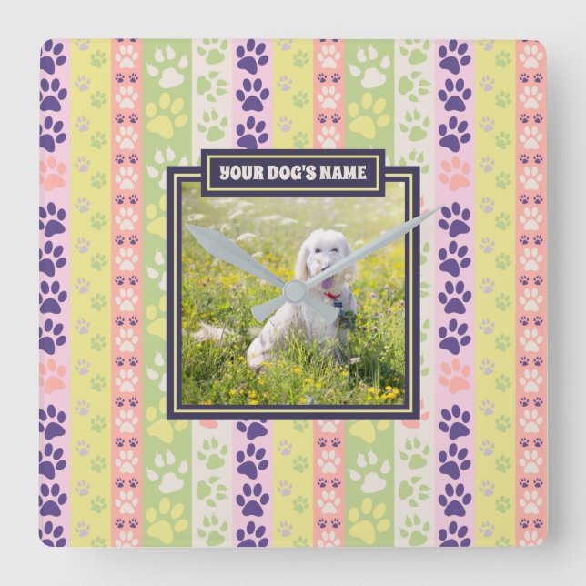 Dog Paw Pattern Spring Days Instagram Photo Frame Square Wall Clock (Front)