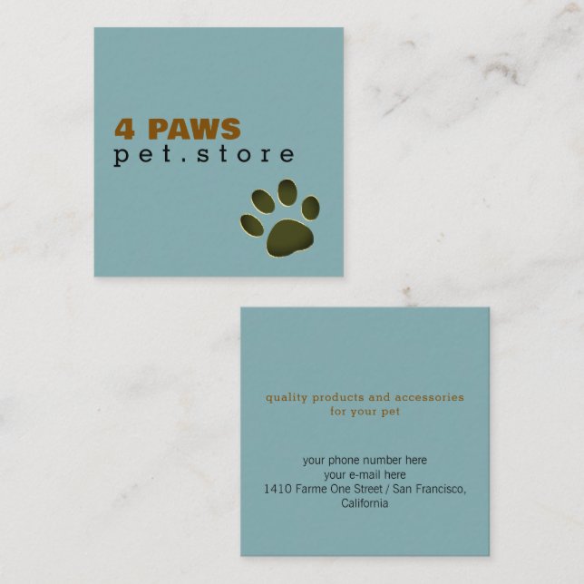 Dog Paw | Pet Store blue modern Square Business Card (Front/Back)