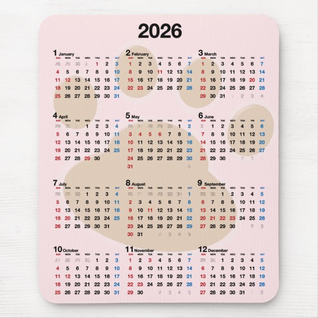 Dog Paw Print 2027Calendar Mouse Mat (Front)