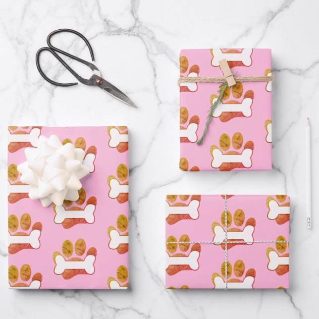Dog Paw Print And Bone Pattern With Texture Wrapping Paper Sheet (Front)