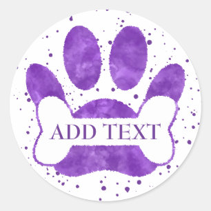 Dog Paw Print And Bone Purple Watercolor Custom  Classic Round Sticker