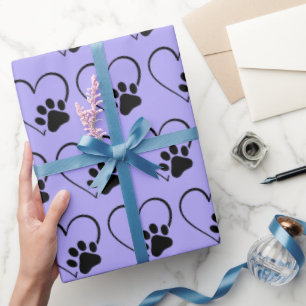 Dog Paw Print and Heart on Purple Wrapping Paper