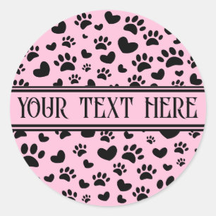 Dog Paw Print and Hearts With Custom Name Pink Classic Round Sticker