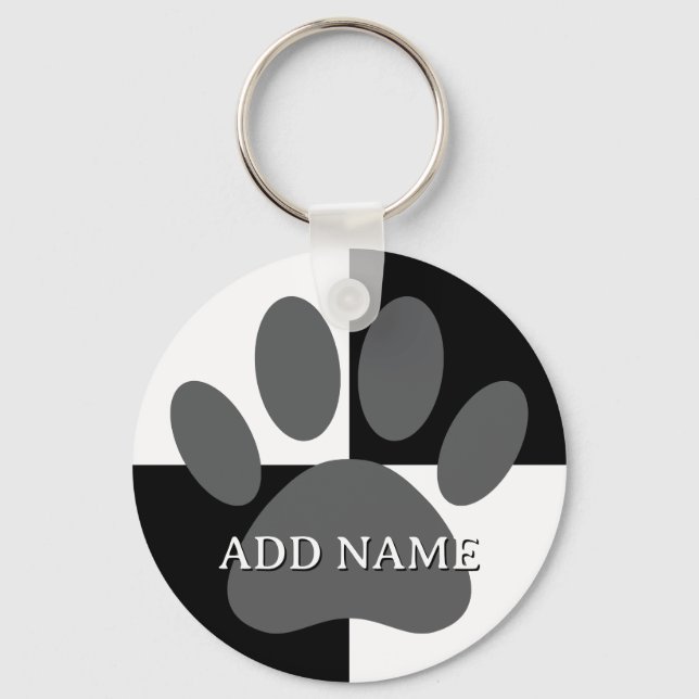 Dog Paw Print Black and White Custom Key Ring (Front)