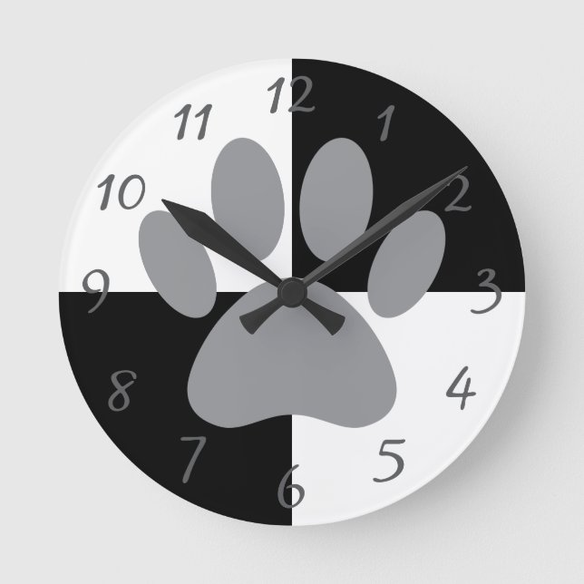 Dog Paw Print Black and White Custom Round Clock (Front)