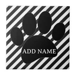 Dog Paw Print Black White Stripes Custom Name Tile