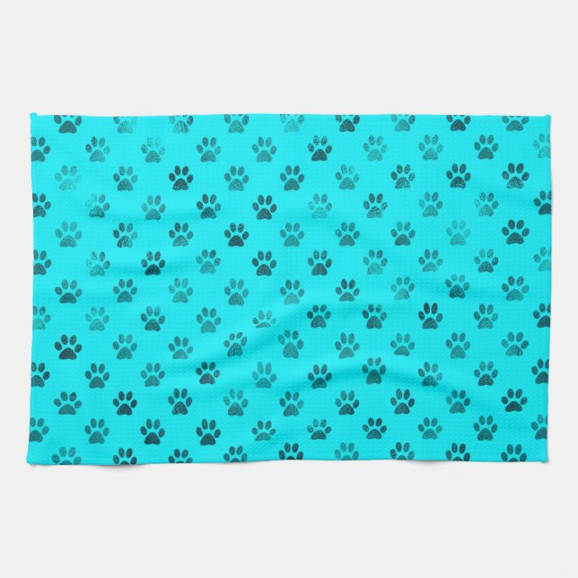Dog Paw Print Blue Teal Aqua Background Metallic Tea Towel (Horizontal)