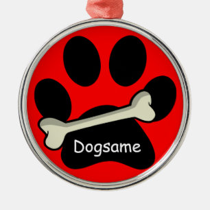 Dog Paw Print Bone Custom Dog's Name Christmas Metal Tree Decoration