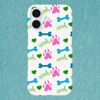 Dog Paw Print Bones Hearts Woof Pink Blue Green iPhone 16 Case
