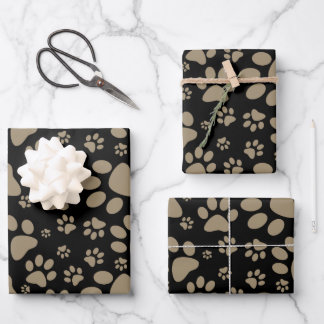 Dog Paw Print Brown and Black Wrapping Paper Sheet