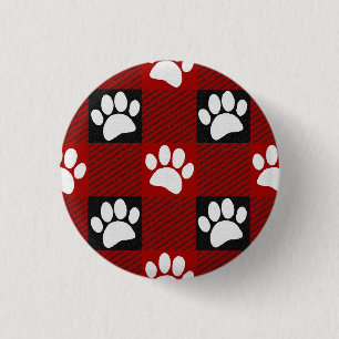 Dog Paw Print Buffalo Plaid In Black and Red 3 Cm Round Badge