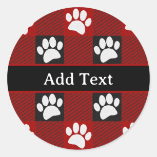Dog Paw Print Buffalo Plaid In Black and Red Classic Round Sticker