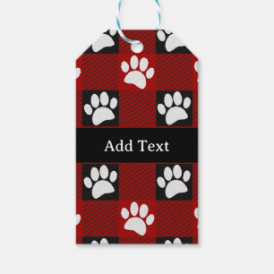 Dog Paw Print Buffalo Plaid In Black and Red Gift Tags