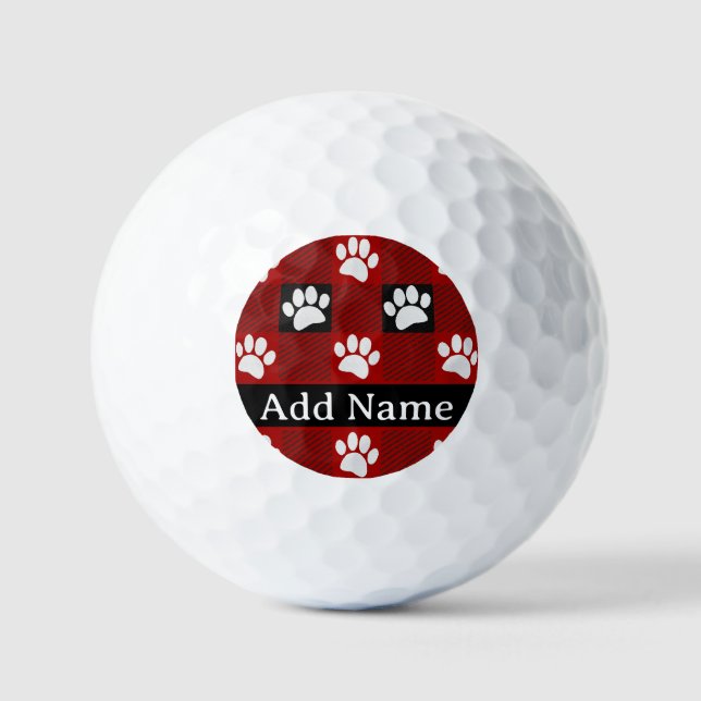 Dog Paw Print Buffalo Plaid In Black and Red Golf Balls (Front)