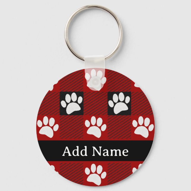 Dog Paw Print Buffalo Plaid In Black and Red Key Ring (Front)