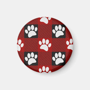 Dog Paw Print Buffalo Plaid In Black and Red Magnet