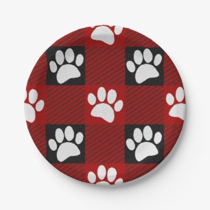Dog Paw Print Buffalo Plaid In Black and Red Paper Plate