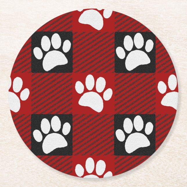 Dog Paw Print Buffalo Plaid In Black and Red Round Paper Coaster (Front)