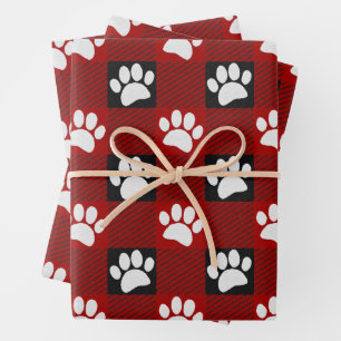 Dog Paw Print Buffalo Plaid In Black and Red Wrapping Paper Sheet