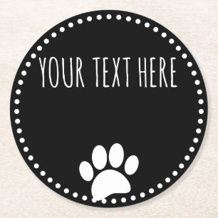 Dog Paw Print Custom Text Black Round Paper Coaster