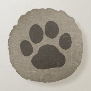 Dog Paw Print   Faux Linen Burlap Style Round Cushion