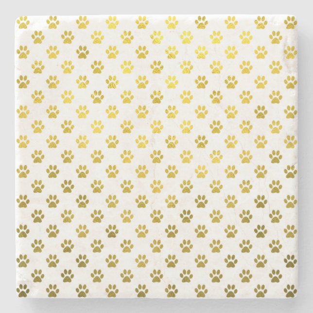 Dog Paw Print Gold White Metallic Faux Foil Paws Stone Coaster (Front)