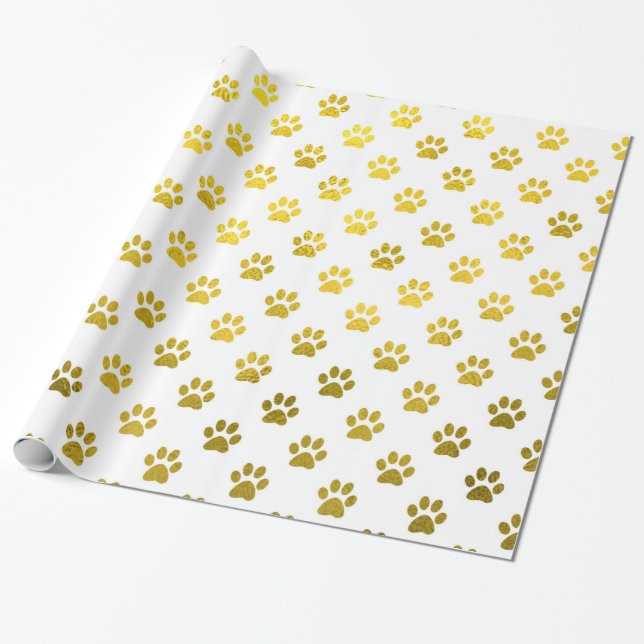 Dog Paw Print Gold White Metallic Faux Foil Paws Wrapping Paper (Unrolled)