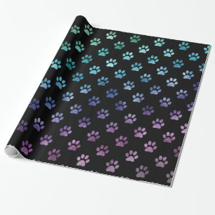 Dog Paw Print Green Blue Purple Rainbow Black Wrapping Paper