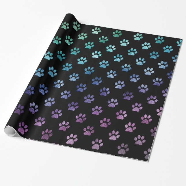 Dog Paw Print Green Blue Purple Rainbow Black Wrapping Paper (Unrolled)