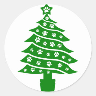 Dog Paw Print Green Christmas Tree Classic Round Sticker