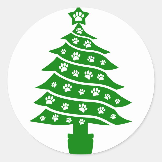 Dog Paw Print Green Christmas Tree Classic Round Sticker (Front)