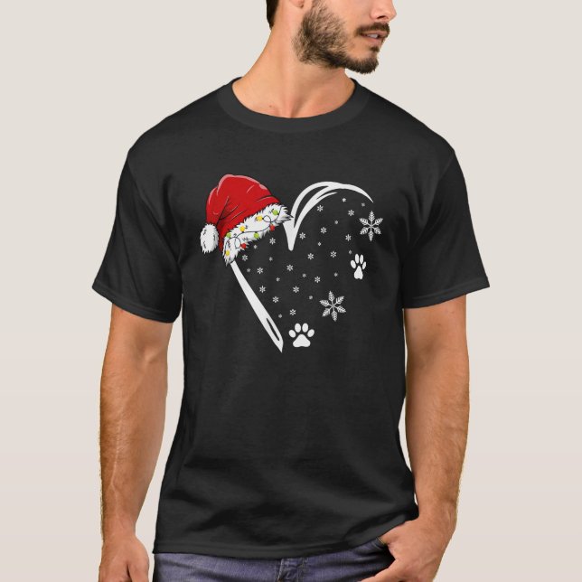 Dog Paw Print Heart Santa Hat Christmas Lights Ani T-Shirt (Front)
