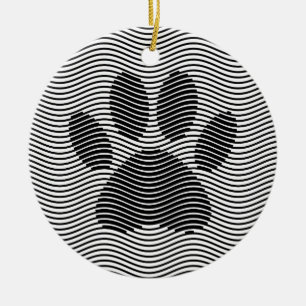 Dog Paw Print On Black And White Waves Ceramic Tree Decoration