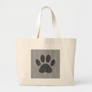Dog Paw Print On Black And White Waves Large Tote Bag